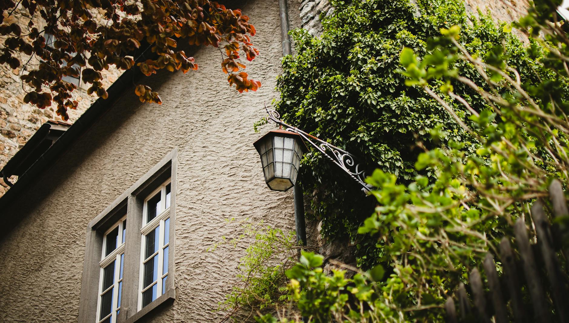 Stary dom porośnięty bluszczem z latarnią i jesiennymi liśćmi