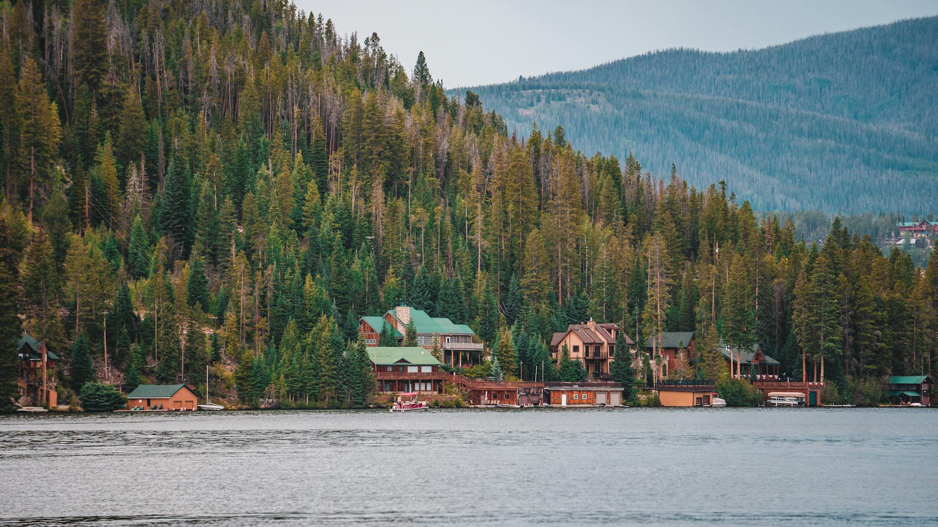 Domy nad jeziorem otoczone gęstym, górskim lasem