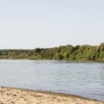 Ciche plaże nad Wieprzem: gdzie odpocząć z dala od tłumów Spokojna plaża nad rzeką otoczoną lasem w słoneczny letni dzień